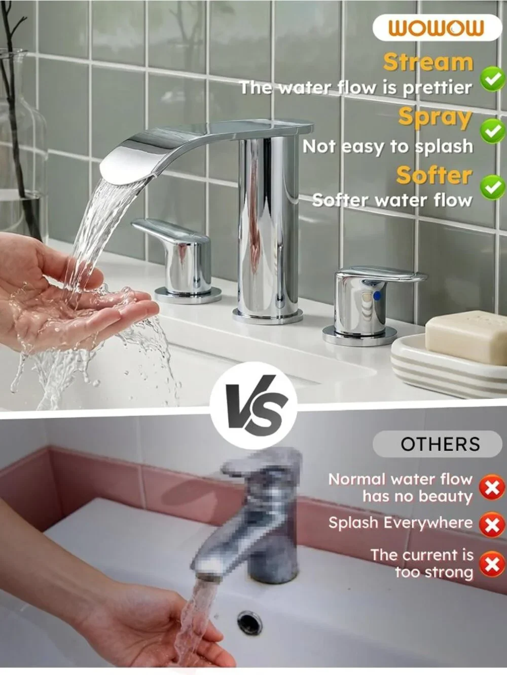 Chrome 8-Inch Widespread Bathroom Faucet with Waterfall Spout & Pop-Up Drain